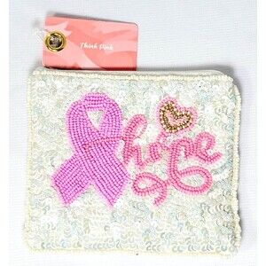 Breast Cancer Hope Think Pink Ribbon  Beaded Sequin Coin Purse Pouch 5"